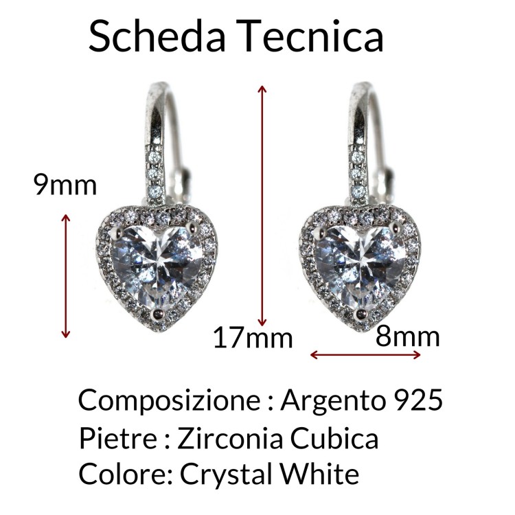 NALBORI|orecchini monachella argento 925 cuore brillante bianco crystal donna