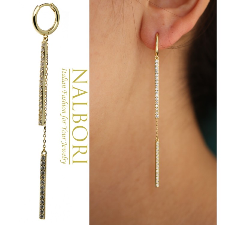 NALBORI|925 silver long earring bars zirconia and chains plated yellow gold