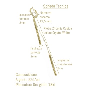 NALBORI|925 silver long earring bars zirconia and chains plated yellow gold