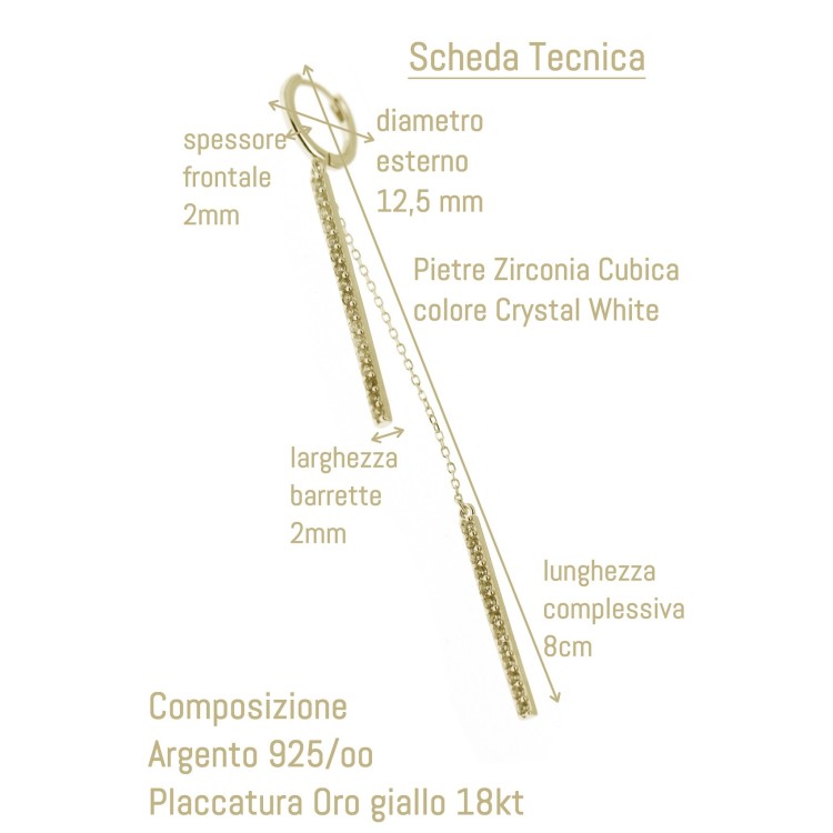 NALBORI|argento 925 lungo orecchino barrette zirconi e catenelle placcati oro giallo