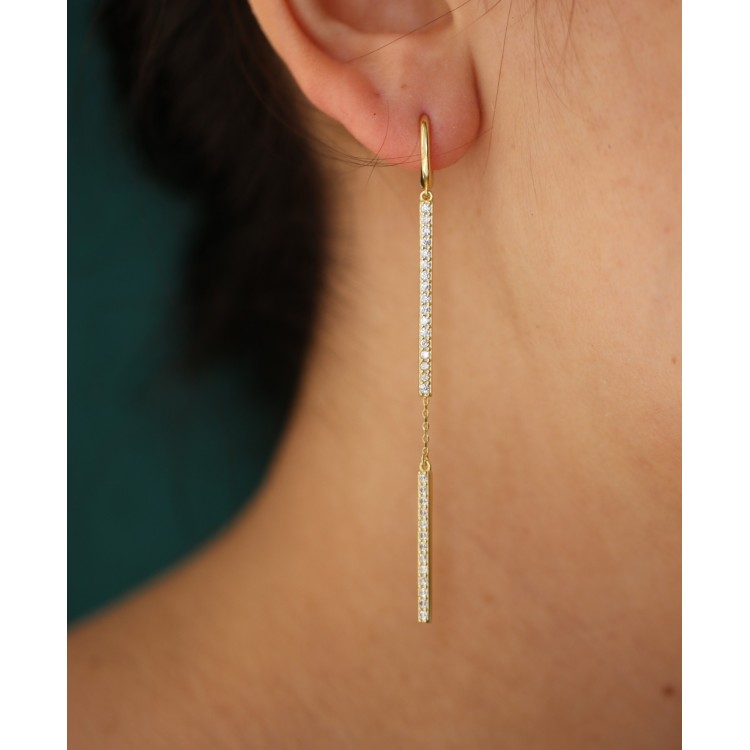 NALBORI|925 silver long earring bars zirconia and chains plated yellow gold