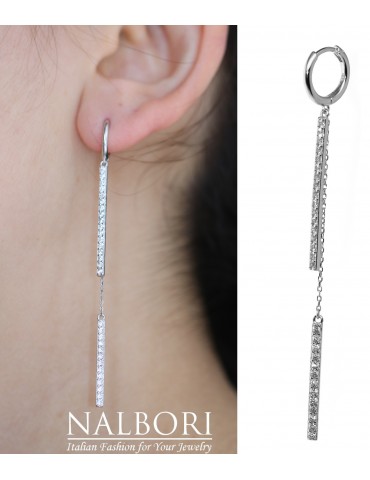 NALBORI|argento 925 lungo orecchino barrette zirconi e catenelle rodiato effetto oro bianco