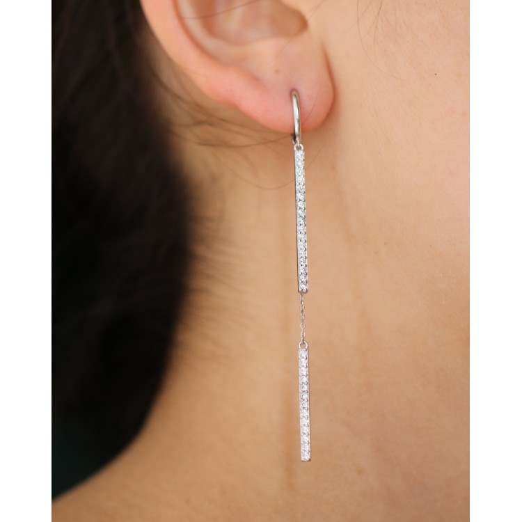 NALBORI|925 silver long earring bars zirconia and chains rhodium-plated white gold effect