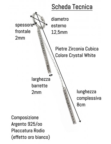 NALBORI|argento 925 lungo orecchino barrette zirconi e catenelle rodiato effetto oro bianco