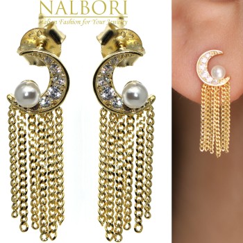 NALBORI|925 silver half moon pearls and chains yellow gold plated women's earrings