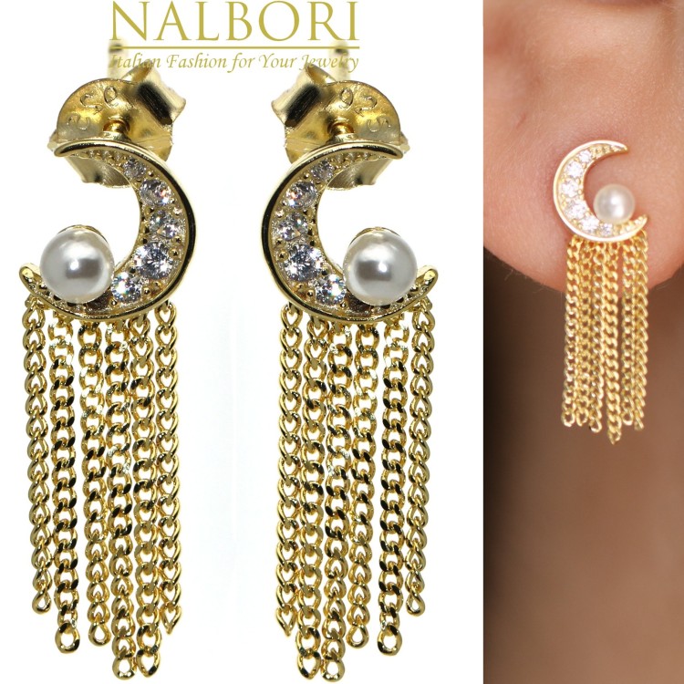 NALBORI|925 silver half moon pearls and chains yellow gold plated women's earrings