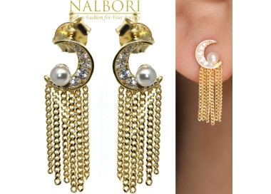 NALBORI|925 silver half moon pearls and chains yellow gold plated women's earrings
