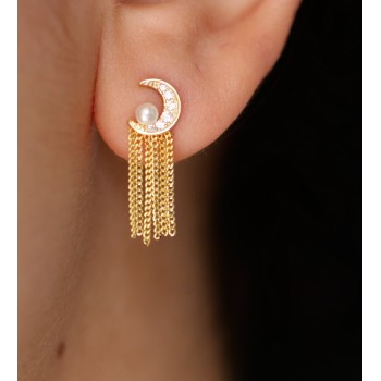NALBORI|925 silver half moon pearls and chains yellow gold plated women's earrings