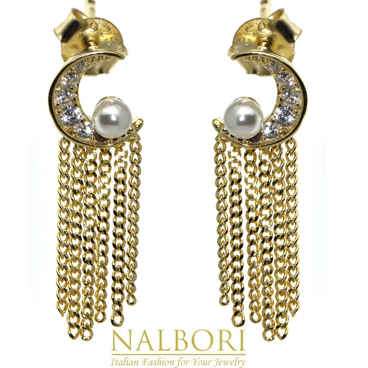 NALBORI|925 silver half moon pearls and chains yellow gold plated women's earrings