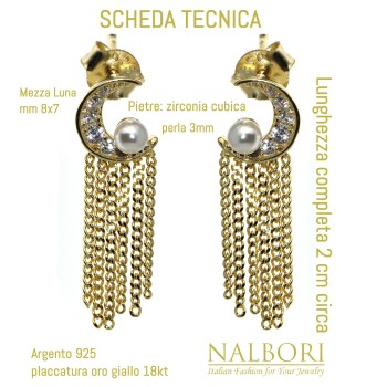 NALBORI|925 silver half moon pearls and chains yellow gold plated women's earrings