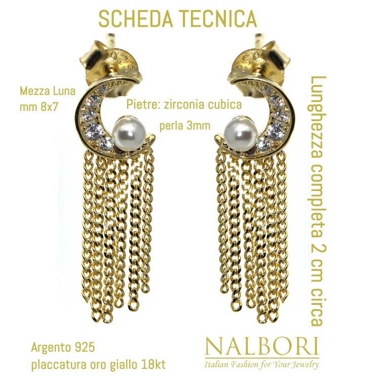 NALBORI|orecchini donna argento 925 mezza luna perle e catenelle placcati oro giallo