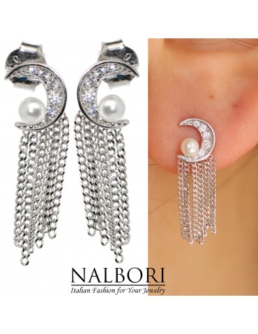 NALBORI|orecchini donna argento 925 mezza luna perle e catenelle rodiati effetto oro bianco
