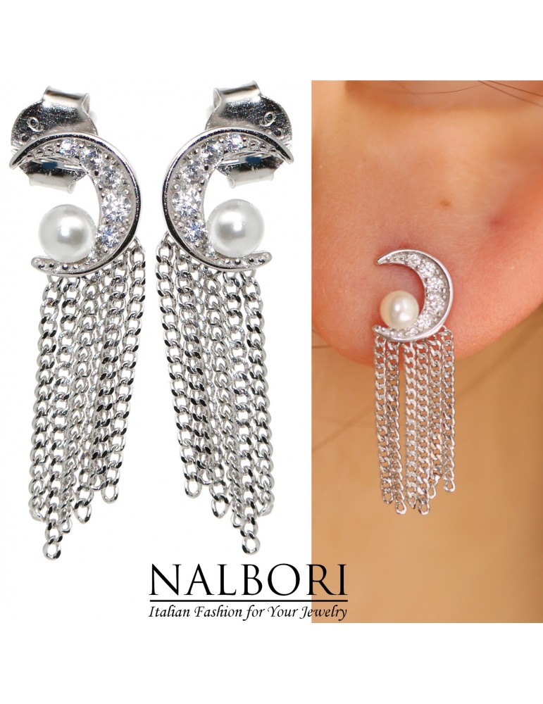 NALBORI|orecchini donna argento 925 mezza luna perle e catenelle rodiati effetto oro bianco NALBORI|orecchini donna argento 925 mezza luna perle e catenelle rodiati effetto oro bianco