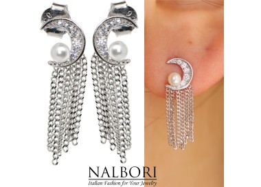 NALBORI|orecchini donna argento 925 mezza luna perle e catenelle rodiati effetto oro bianco