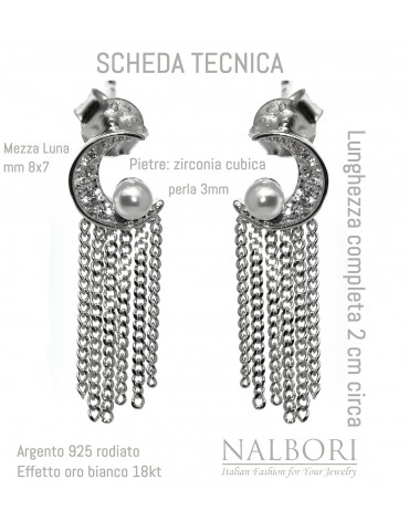 NALBORI|orecchini donna argento 925 mezza luna perle e catenelle rodiati effetto oro bianco