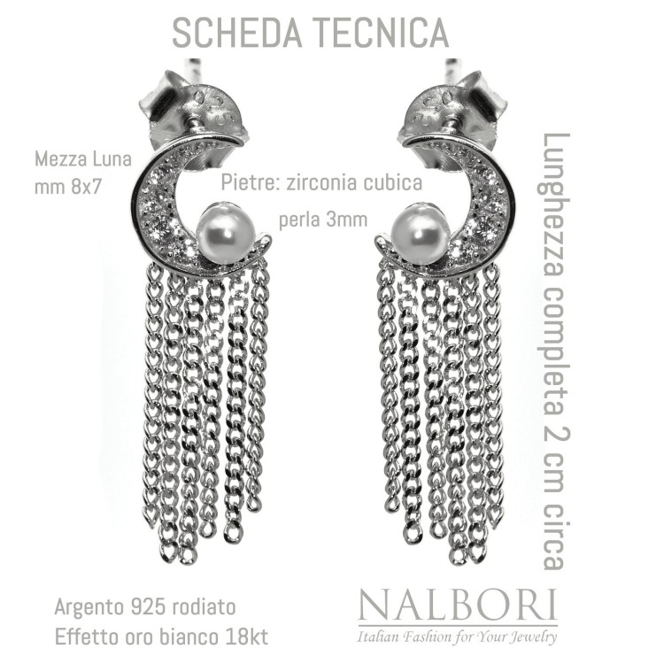NALBORI|orecchini donna argento 925 mezza luna perle e catenelle rodiati effetto oro bianco