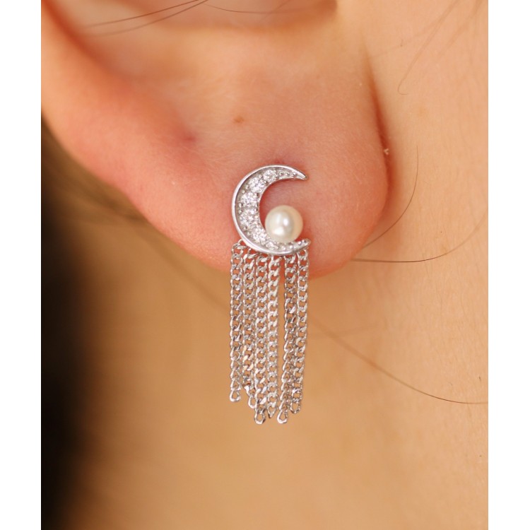 NALBORI|women's earrings silver 925 half moon pearls and rhodium chains white gold effect