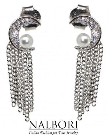 NALBORI|orecchini donna argento 925 mezza luna perle e catenelle rodiati effetto oro bianco