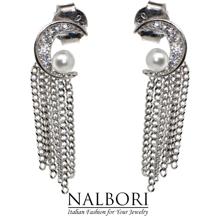 NALBORI|orecchini donna argento 925 mezza luna perle e catenelle rodiati effetto oro bianco