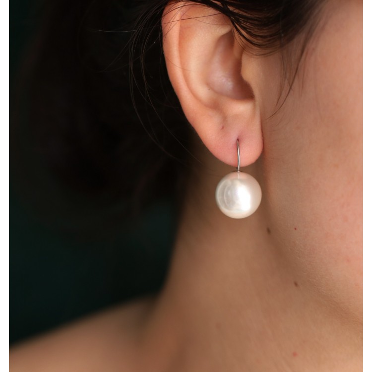 NALBORI|earrings large pearl 16mm all 925 silver for women rhodium