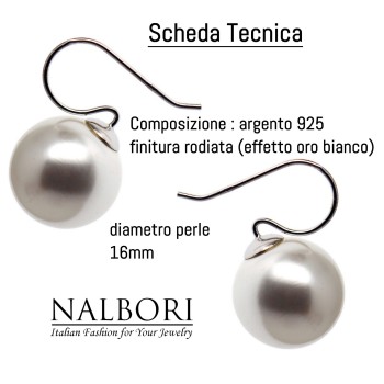 NALBORI|earrings large pearl 16mm all 925 silver for women rhodium
