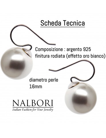 NALBORI|orecchini perla grande 16mm tutto argento 925 per donna rodio