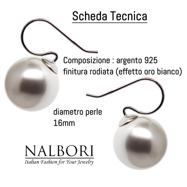 NALBORI|orecchini perla grande 16mm tutto argento 925 per donna rodio