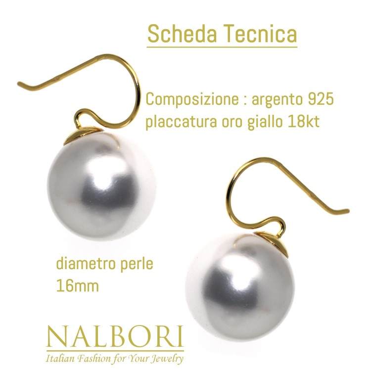 NALBORI|orecchini perla grande 16mm argento 925 placcati oro giallo per donna