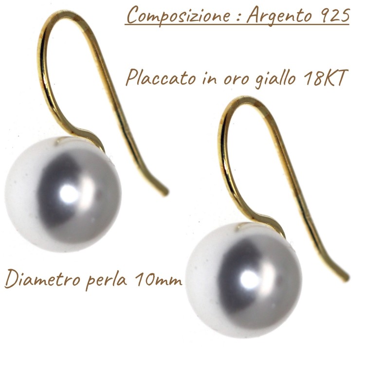 NALBORI|yellow gold plated earrings 10mm medium pearl all 925 silver for women