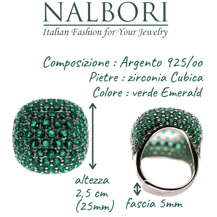 NALBORI| ring all 925 silver zirconia emerald green square adjustable woman