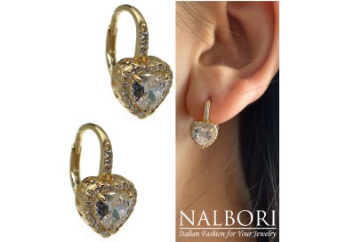 NALBORI|orecchini argento 925 monahcella bagno oro giallo 18KT cuore brillante bianco donna