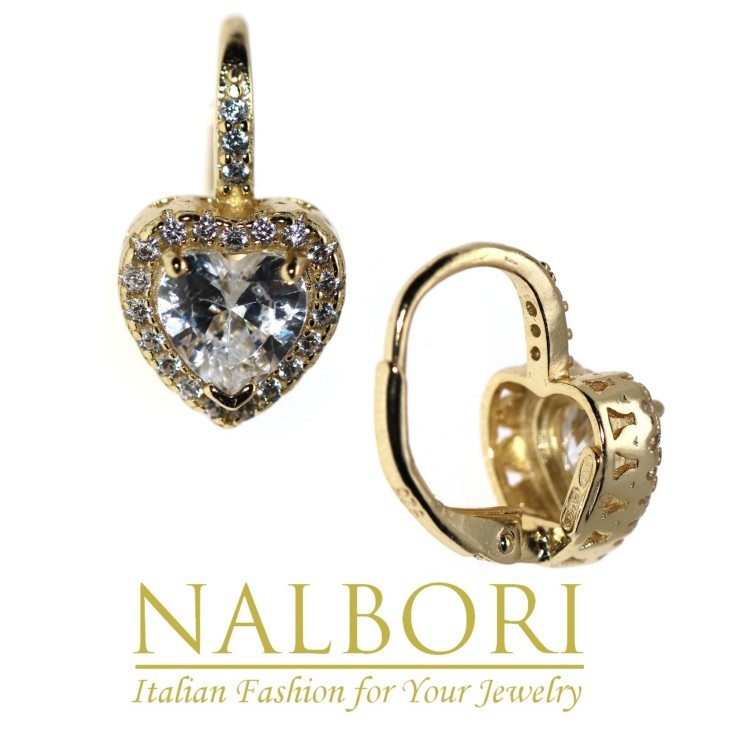 NALBORI|earrings 925 silver plated with 18KT yellow gold, brilliant heart, white, woman
