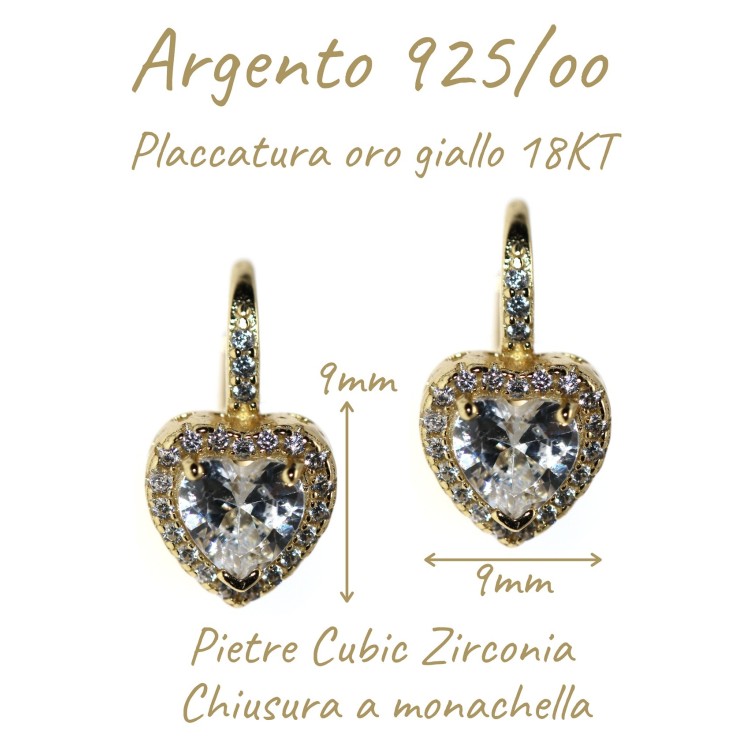 NALBORI|orecchini argento 925 monahcella bagno oro giallo 18KT cuore brillante bianco donna
