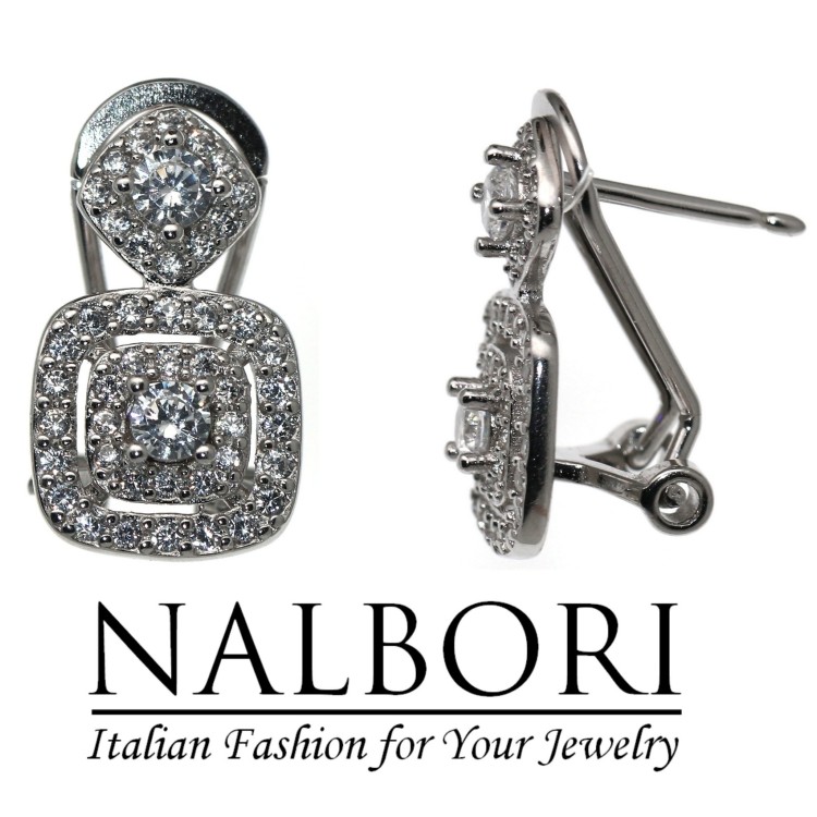 NALBORI|orecchini argento 925 rombo quadrato con zirconi chiusura omega per donna