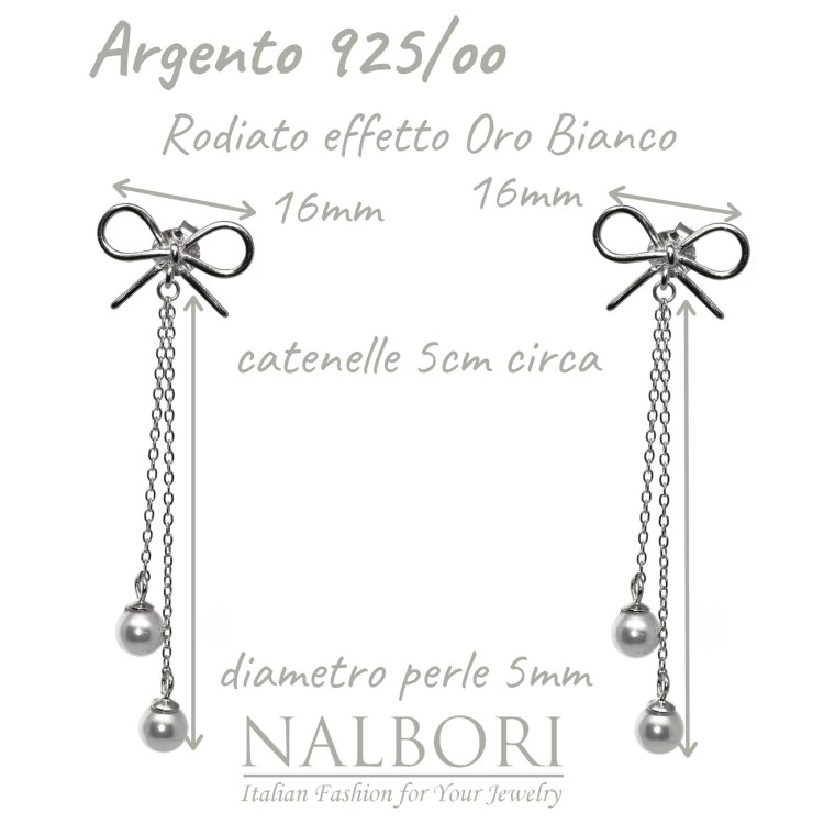 NALBORI|925 silver bow earrings pendants white pearls long rhodium