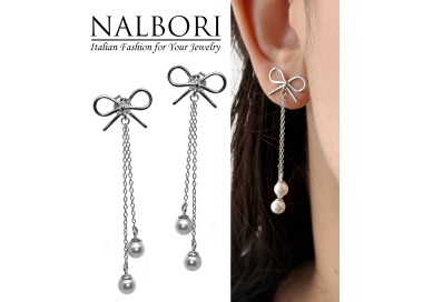 NALBORI|925 silver bow earrings pendants white pearls long rhodium