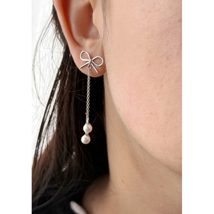 NALBORI|925 silver bow earrings pendants white pearls long rhodium