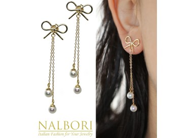 NALBORI|argento 925 orecchini fiocco ciondoli perle bianche catenella lunghi bagno oro giallo