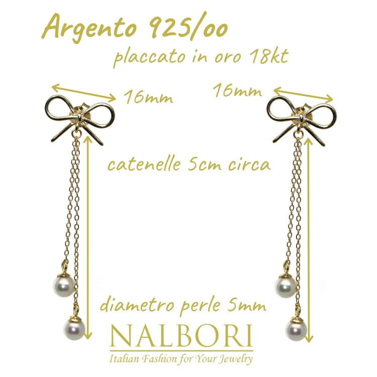 NALBORI|925 silver bow earrings pendants white pearls long yellow gold plated