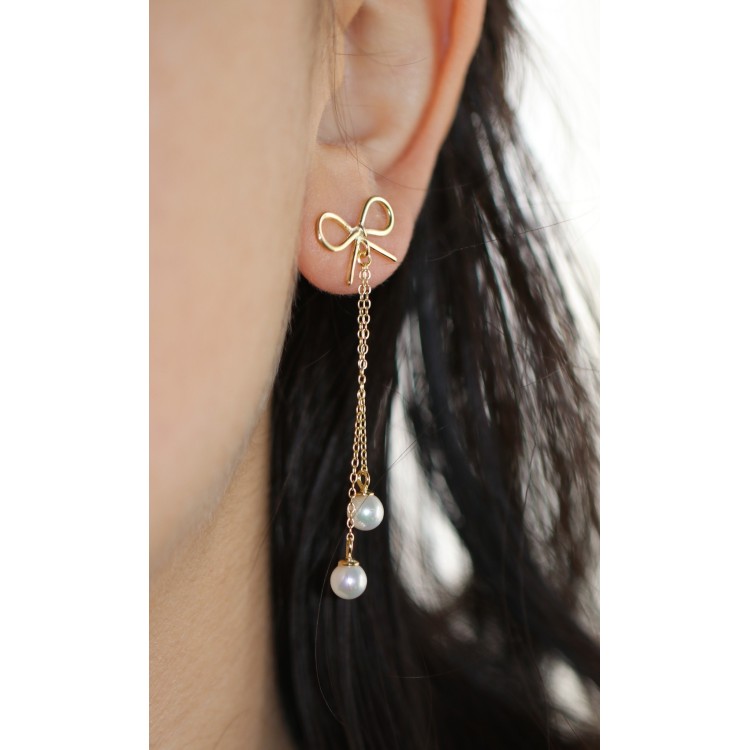 NALBORI|925 silver bow earrings pendants white pearls long yellow gold plated