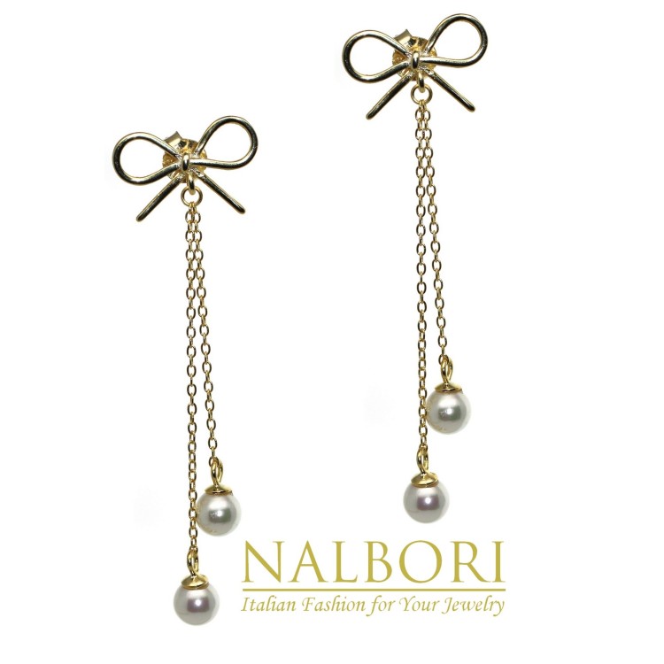 NALBORI|argento 925 orecchini fiocco ciondoli perle bianche catenella lunghi bagno oro giallo