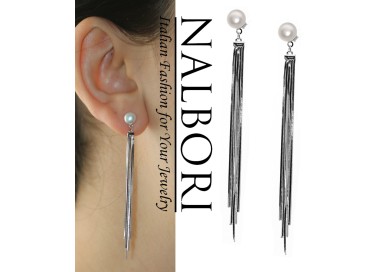 NALBORI|925 silver earrings long tails pendants white pearl rhodium plated for women