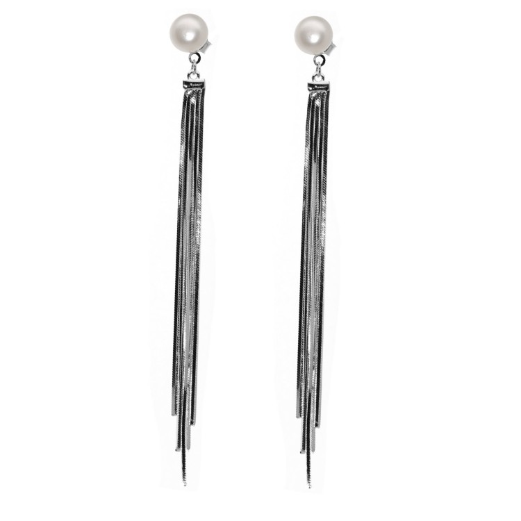 NALBORI|925 silver earrings long tails pendants white pearl rhodium plated for women