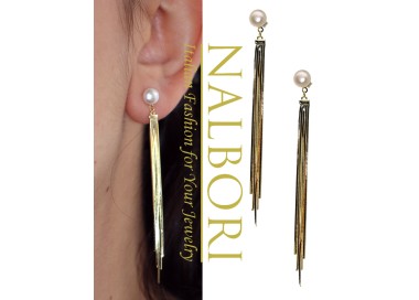 NALBORI|925 silver earrings pendants long tails white pearl plated yellow gold 18kt