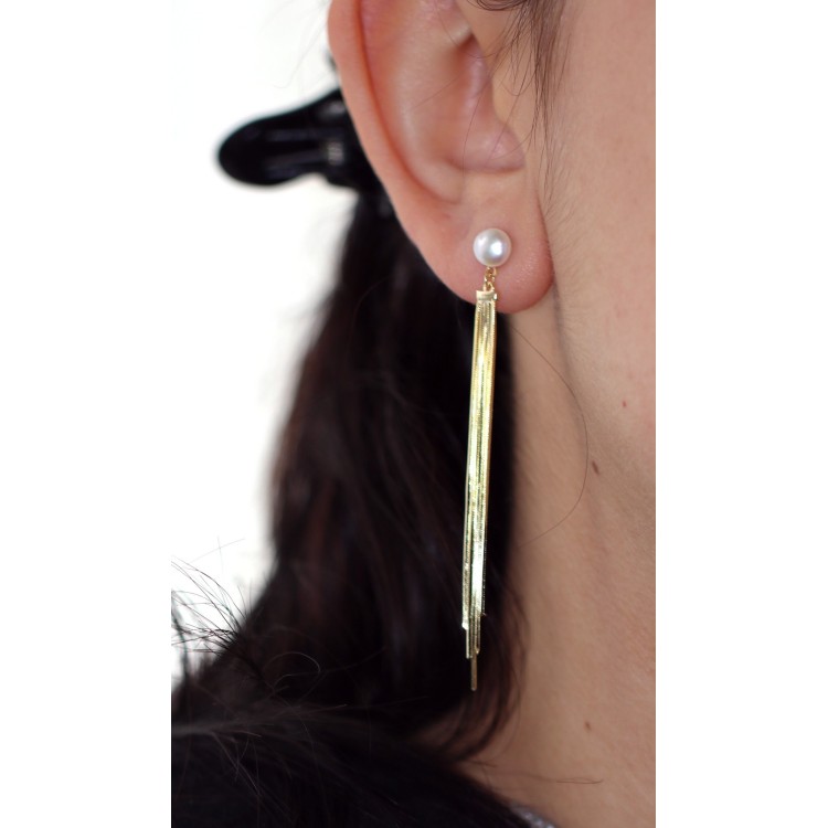 NALBORI|925 silver earrings pendants long tails white pearl plated yellow gold 18kt
