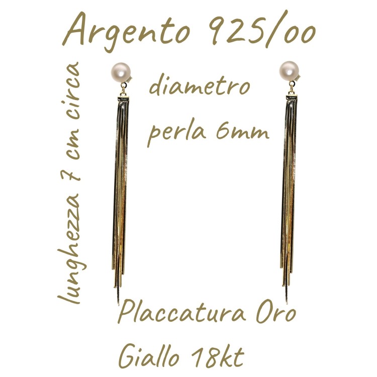 NALBORI|orecchini argento 925 ciondoli codine lunghi perla bianca placcati oro giallo 18kt