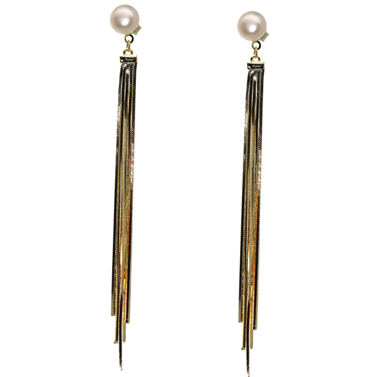 NALBORI|925 silver earrings pendants long tails white pearl plated yellow gold 18kt
