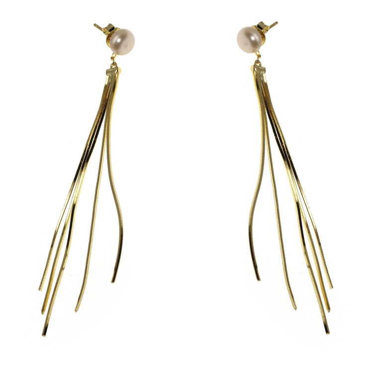 NALBORI|925 silver earrings pendants long tails white pearl plated yellow gold 18kt