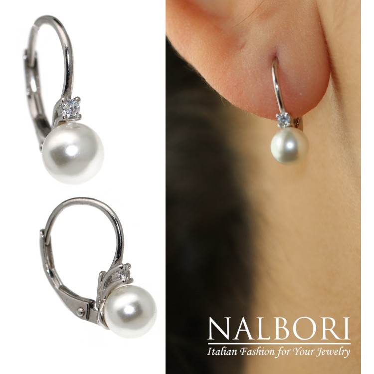 NALBORI|orecchini argento 925 monachella con perla e punto luce brillante bianco donna