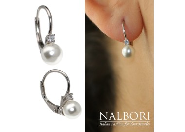 NALBORI|925 silver ear stud earrings with pearl and white brilliant light point for women